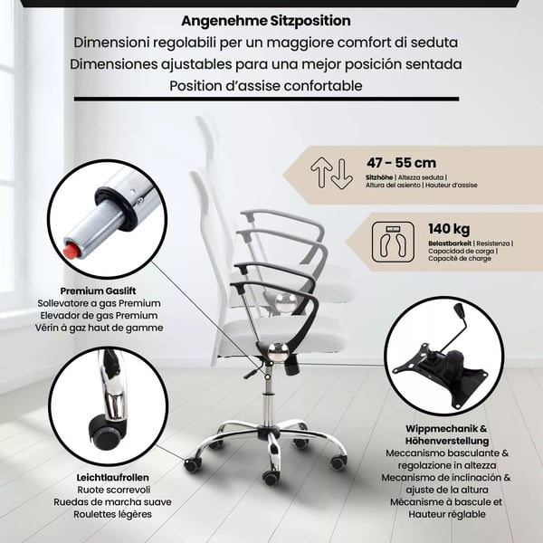 Ergonomisk kontorstol Washington, hvid kunstlæder, krom-look metalstel