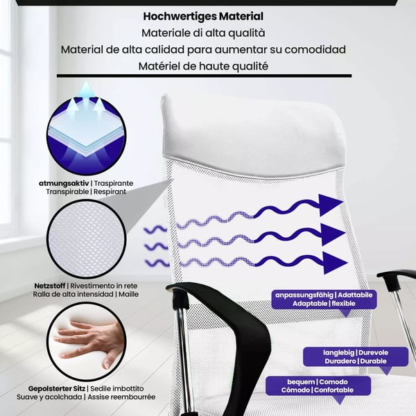 Ergonomisk kontorstol Washington, hvid kunstlæder, krom-look metalstel
