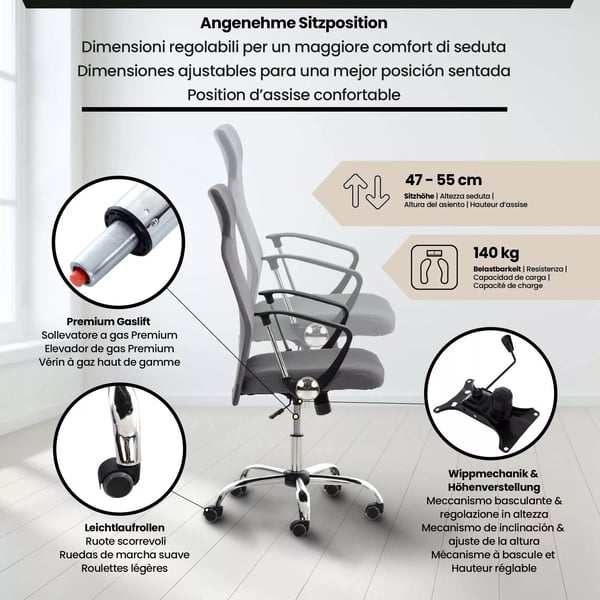 Washington Ergonomisk Kontorstol - Gråt Imiteret Læder med Krom-look Metalstel