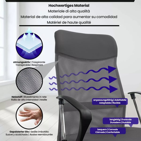 Washington Ergonomisk Kontorstol - Gråt Imiteret Læder med Krom-look Metalstel