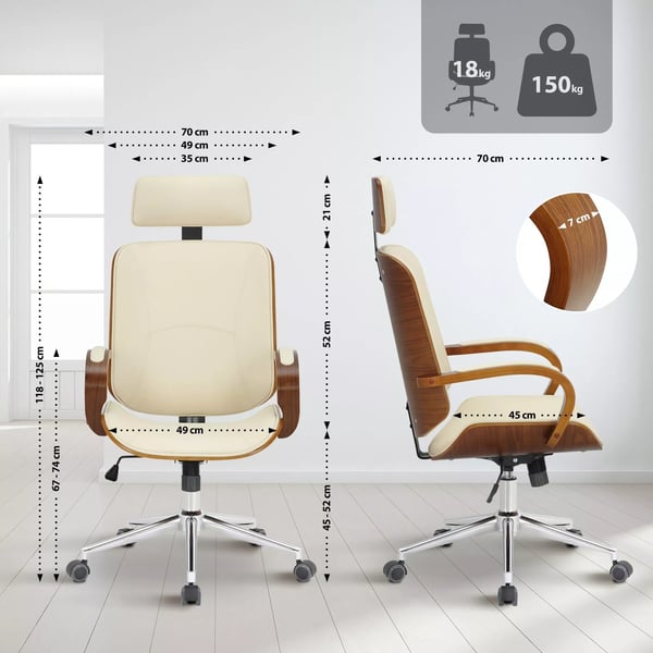 Dayton kontorstol valnød/creme imiteret læder ergonomisk drejestol med nakkestøtte og metalstel