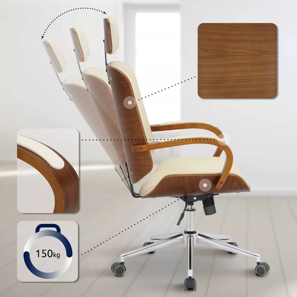 Dayton kontorstol valnød/creme imiteret læder ergonomisk drejestol med nakkestøtte og metalstel