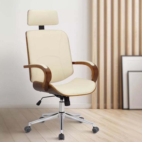 Dayton kontorstol valnød/creme imiteret læder ergonomisk drejestol med nakkestøtte og metalstel