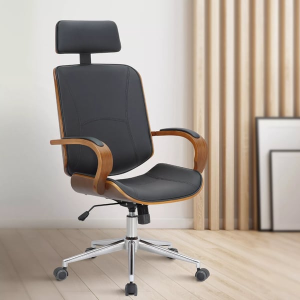 Dayton Ergonomisk Kontorstol - Valnød/Sort Kunstlæder med Metalbase, 360 Drejefunktion, Justerbar Vip, Maks. Belastning 150 kg