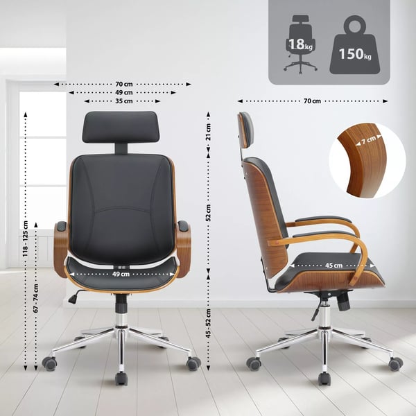 Dayton Ergonomisk Kontorstol - Valnød/Sort Kunstlæder med Metalbase, 360 Drejefunktion, Justerbar Vip, Maks. Belastning 150 kg