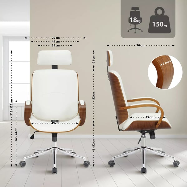 Ergonomisk kontorstol med kunstlæder i valnød/hvid, metalramme, drejefunktion, justerbar højde og vip - Model Dayton