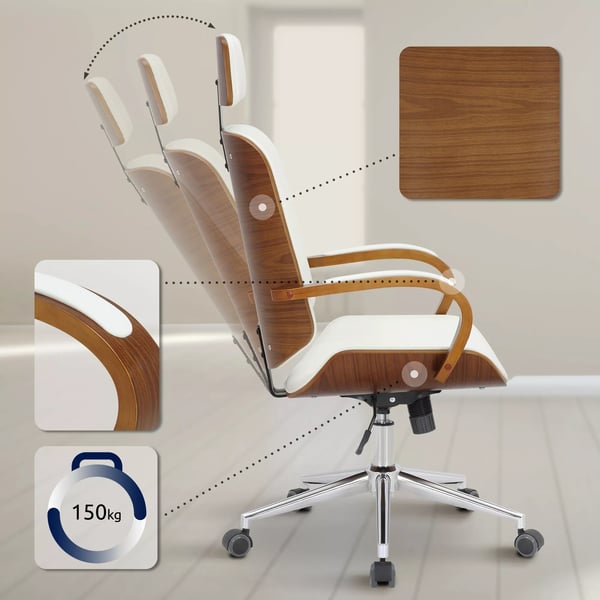 Ergonomisk kontorstol med kunstlæder i valnød/hvid, metalramme, drejefunktion, justerbar højde og vip - Model Dayton