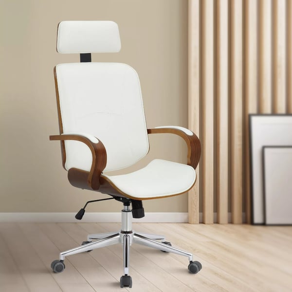 Ergonomisk kontorsstol med konstläder i valnöt/vit, metallram, snurrfunktion, justerbar höjd och lutning - Modell Dayton
