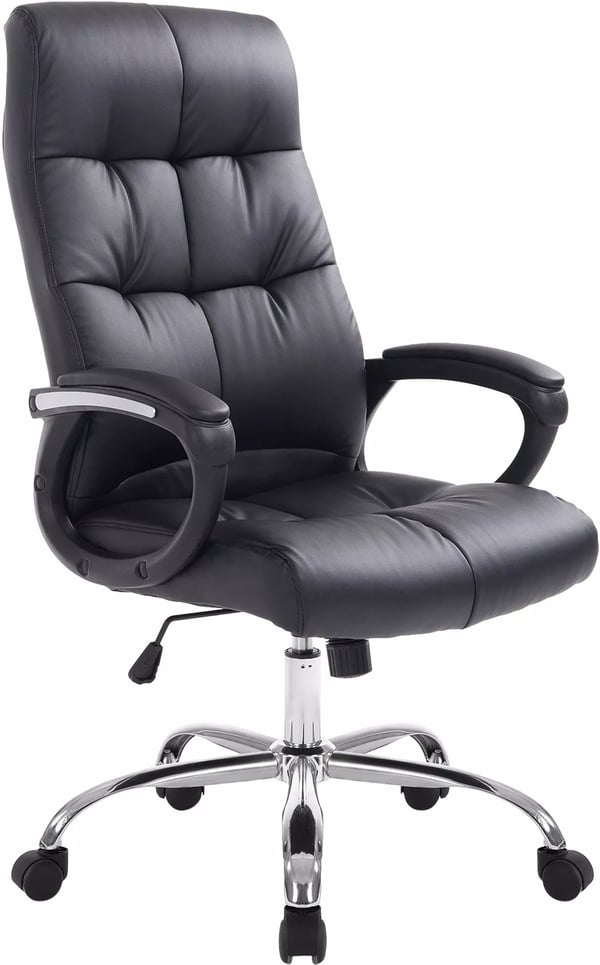 XXL Sort Kontorstol Poseidon i Kunstlæder med Krom-look Metalstel - Ergonomisk, 160 kg Bæreevne, Vippefunktion, 360° Drejbar, Højdejusterbar