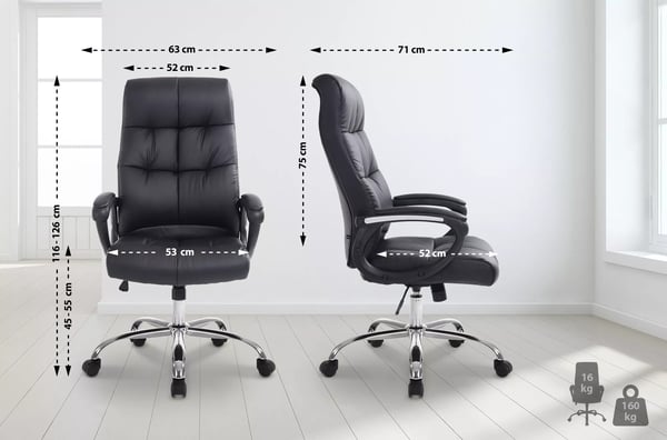 XXL Sort Kontorstol Poseidon i Kunstlæder med Krom-look Metalstel - Ergonomisk, 160 kg Bæreevne, Vippefunktion, 360° Drejbar, Højdejusterbar