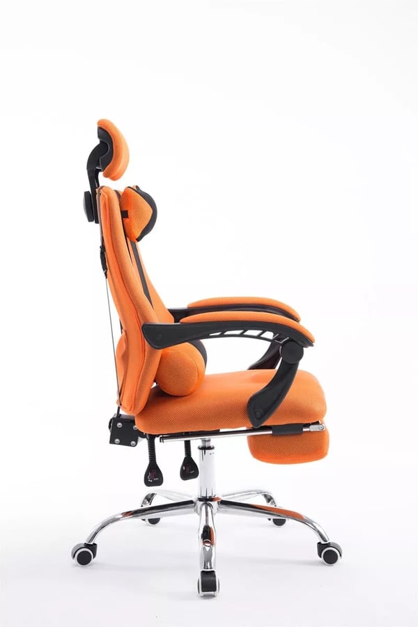 Orange kontorstol i imiteret læder med krom-look metalstel og fodstøtte