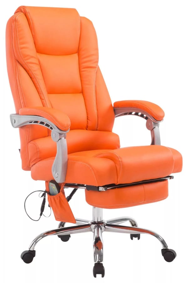 Orange kontorsstol i konstläder med metallställning i kromlook och massagefunktion