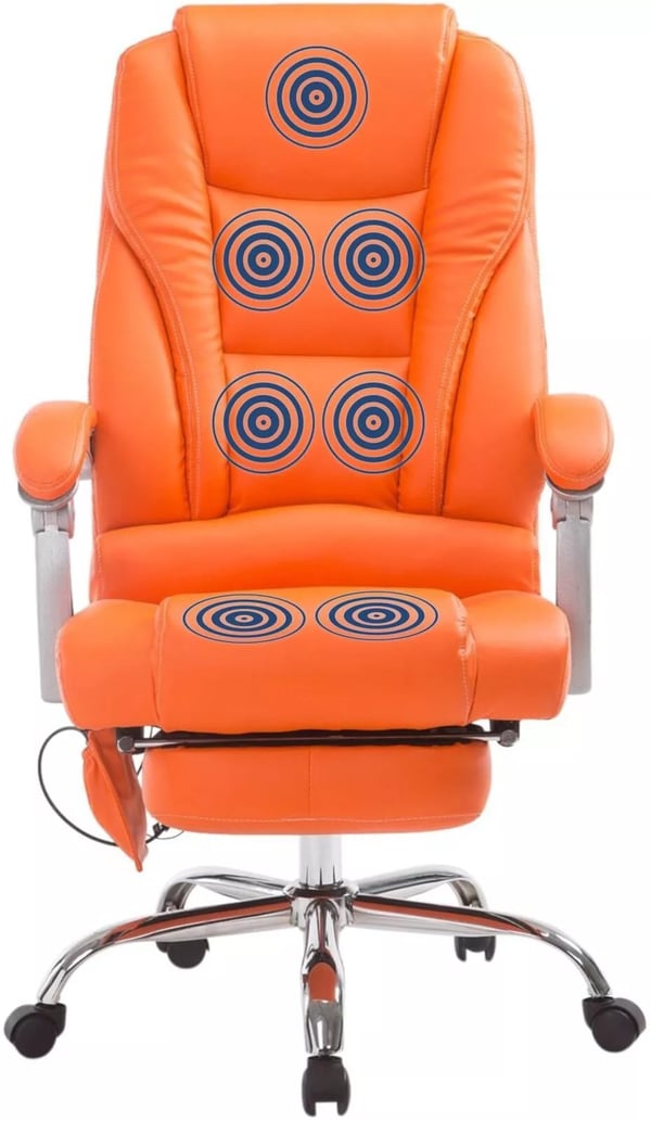 Orange kontorstol i imiteret læder med krom-look metalstel og massagefunktion