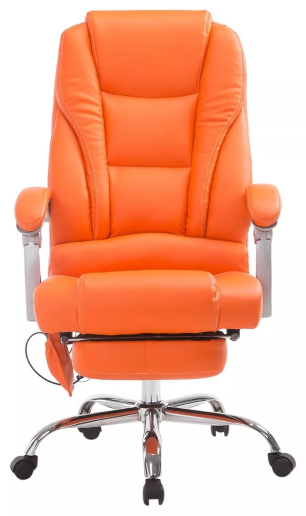 Orange kontorstol i imiteret læder med krom-look metalstel og massagefunktion