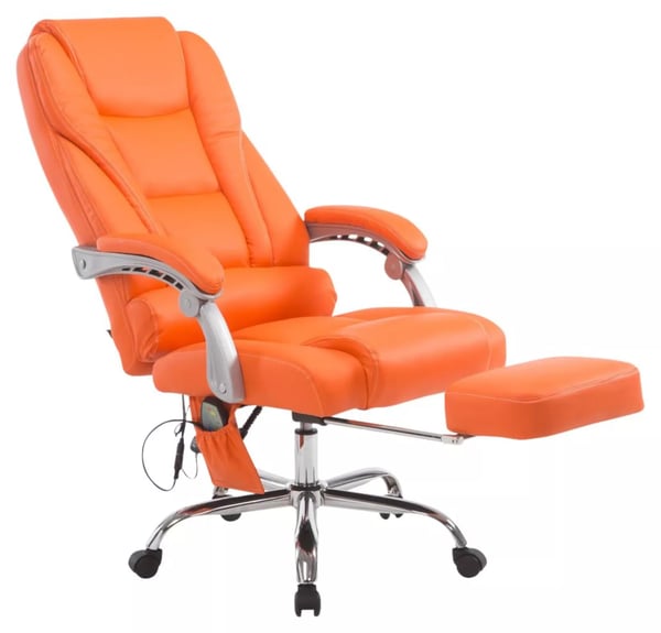 Orange kontorstol i imiteret læder med krom-look metalstel og massagefunktion