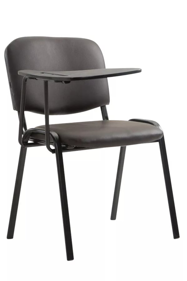 Brun besöksstol i konstläder med fällbart bord och matt svart metallram
