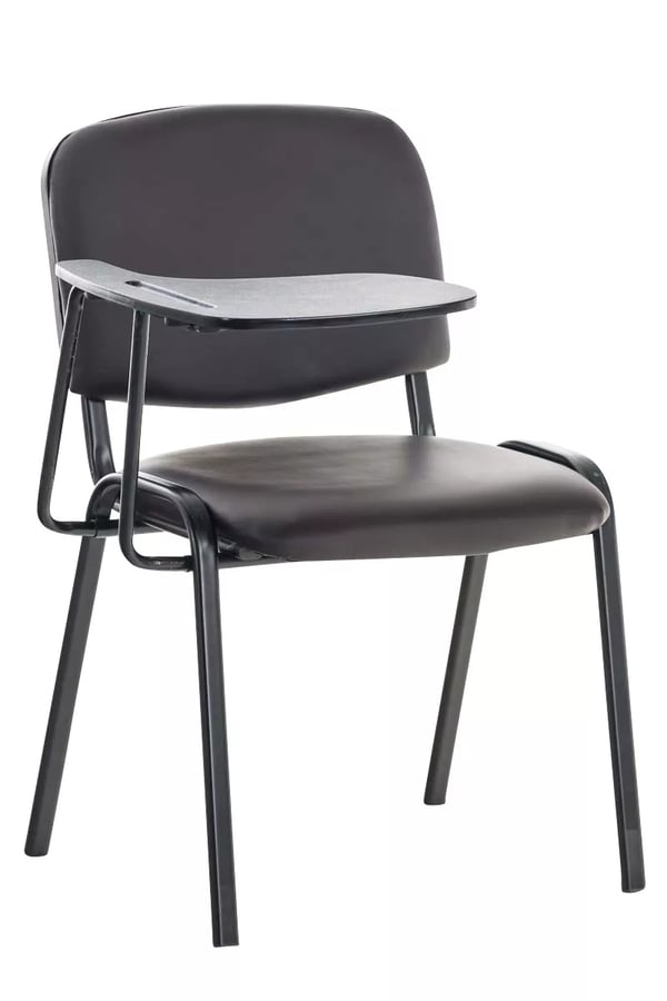 Brun gæstestol i kunstlæder med klapbord og matsort metalstel