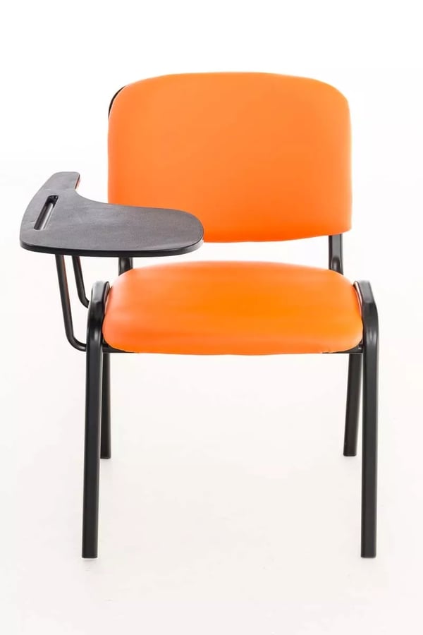 Orange gæstestol i imiteret læder med klapbord, mat sort metalstel