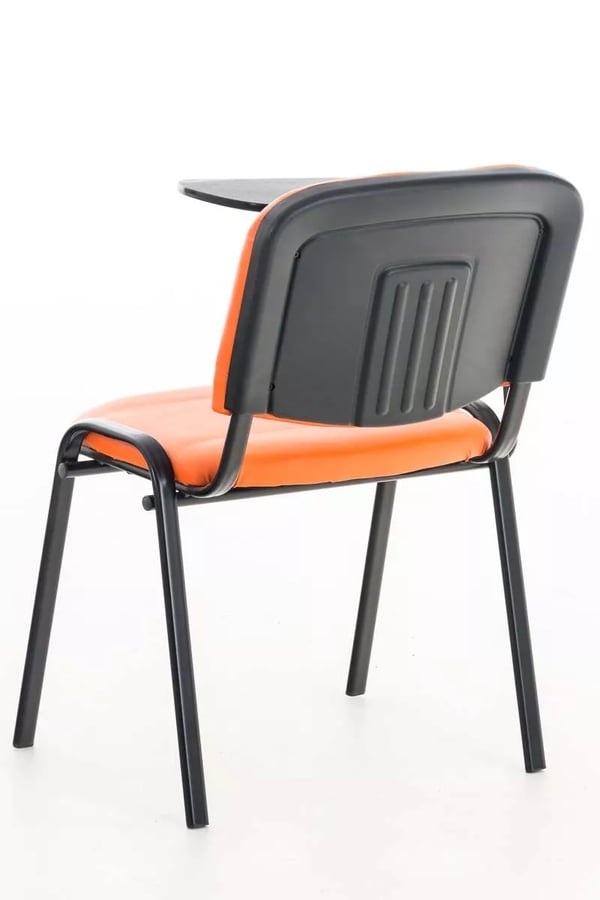 Orange gæstestol i imiteret læder med klapbord, mat sort metalstel