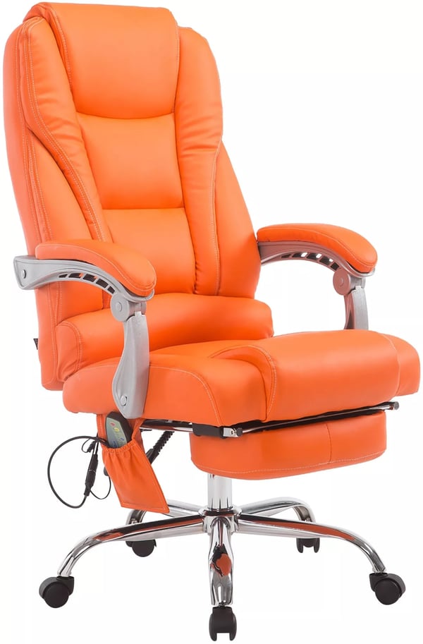 Orange kontorsstol i konstläder med 7-punktsmassage, fällbar, fotstöd och metallställ i kromlook