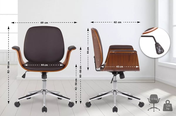 Kemberg Kontorstol Kunstlæder, Valnød/Brunt Træ med Metalstel, Ergonomisk Drejestol med Vippefunktion og Hjul