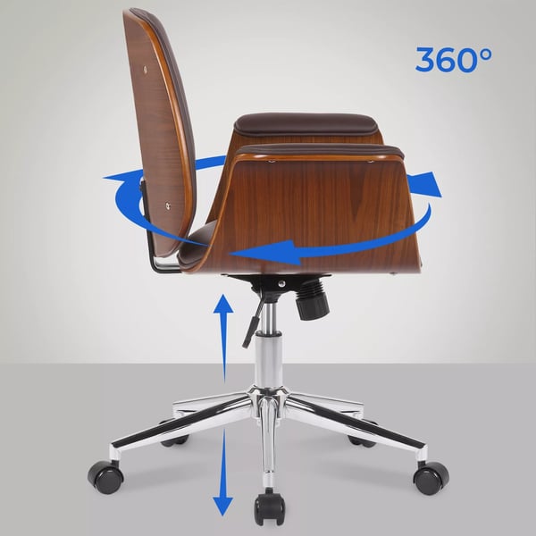 Kemberg Kontorstol Kunstlæder, Valnød/Brunt Træ med Metalstel, Ergonomisk Drejestol med Vippefunktion og Hjul