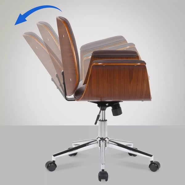 Kemberg Kontorstol Kunstlæder, Valnød/Brunt Træ med Metalstel, Ergonomisk Drejestol med Vippefunktion og Hjul