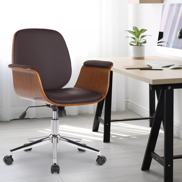 Kemberg Kontorstol Kunstlæder, Valnød/Brunt Træ med Metalstel, Ergonomisk Drejestol med Vippefunktion og Hjul