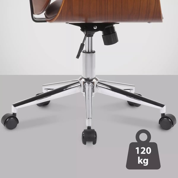 Kemberg Kontorstol Kunstlæder, Valnød/Brunt Træ med Metalstel, Ergonomisk Drejestol med Vippefunktion og Hjul