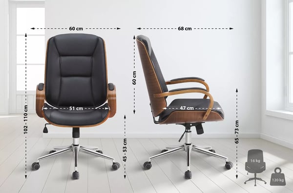 Yankton Executive Kontorstol, Valnød/Sort Kunstlæder med Krom Metalbase, Ergonomisk, Vippefunktion, Drejehjul