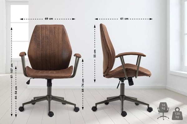 Kontorstol i Cognac Kunstlæder med Mat Sort Metalstel - Nampa Industriel Stil, Ergonomisk, Justerbar Højde, Vippefunktion, Drejehjul