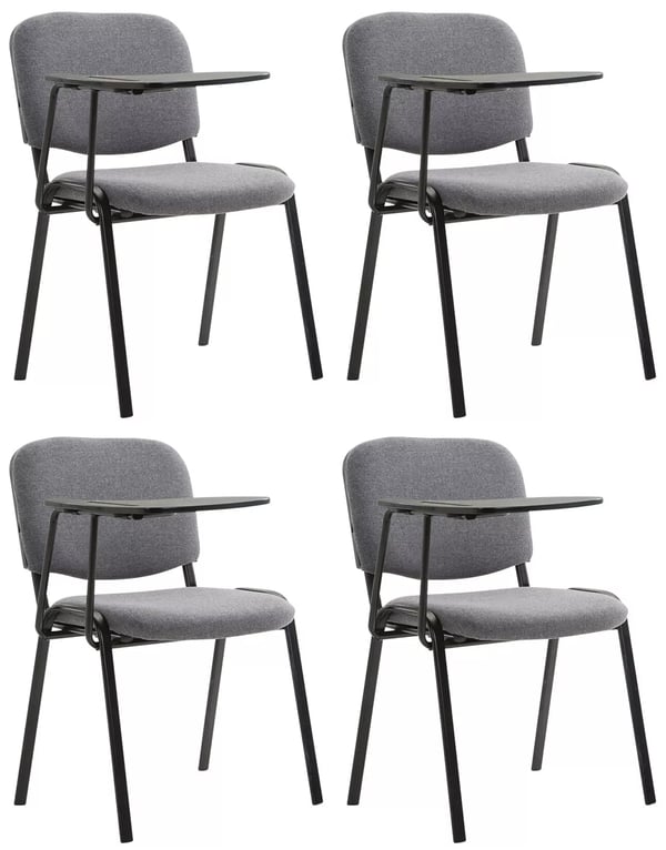 Sæt med 4 grå stofstole med foldbart skrivebord - mat sort metalramme