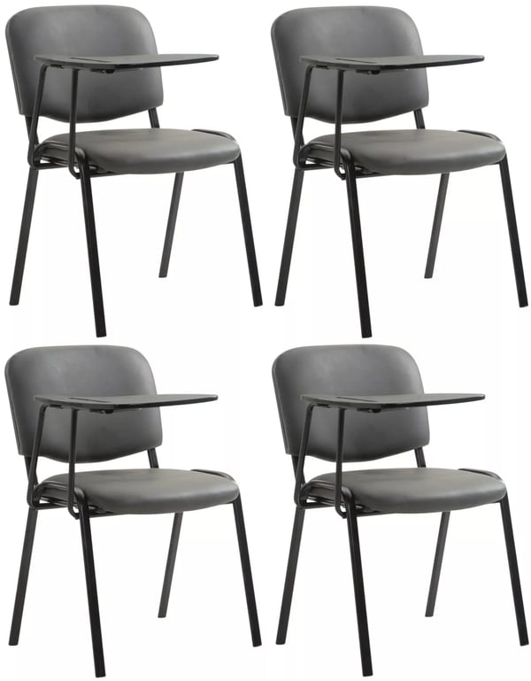 Set med 4 grå konferensstolar i konstläder med fällbart bord och matt svart metallram