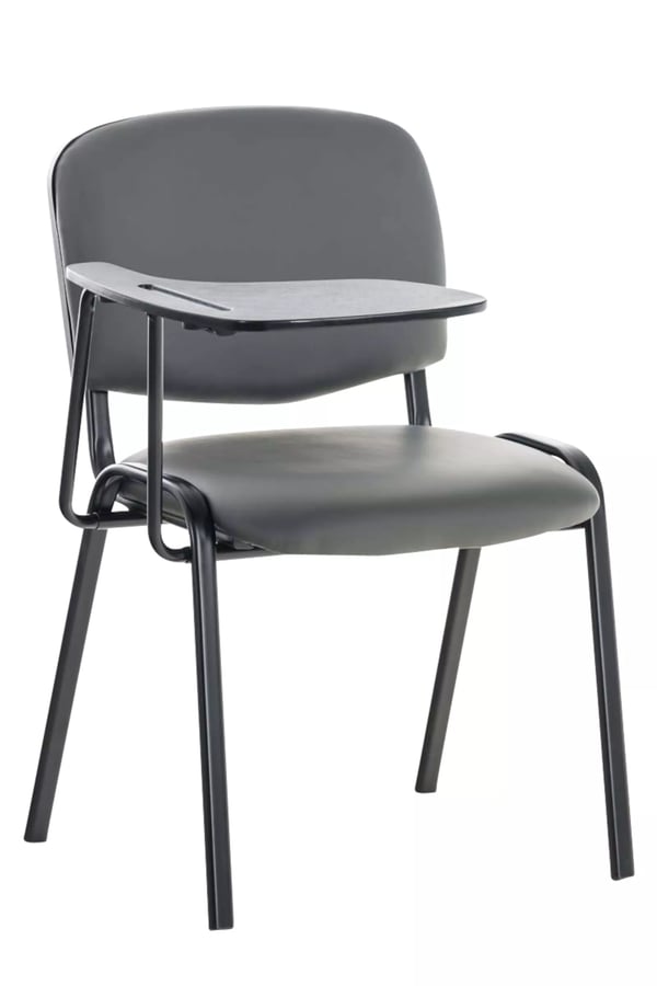 Sæt med 4 grå konferencestole i imiteret læder med klapbord og matsort metalstel