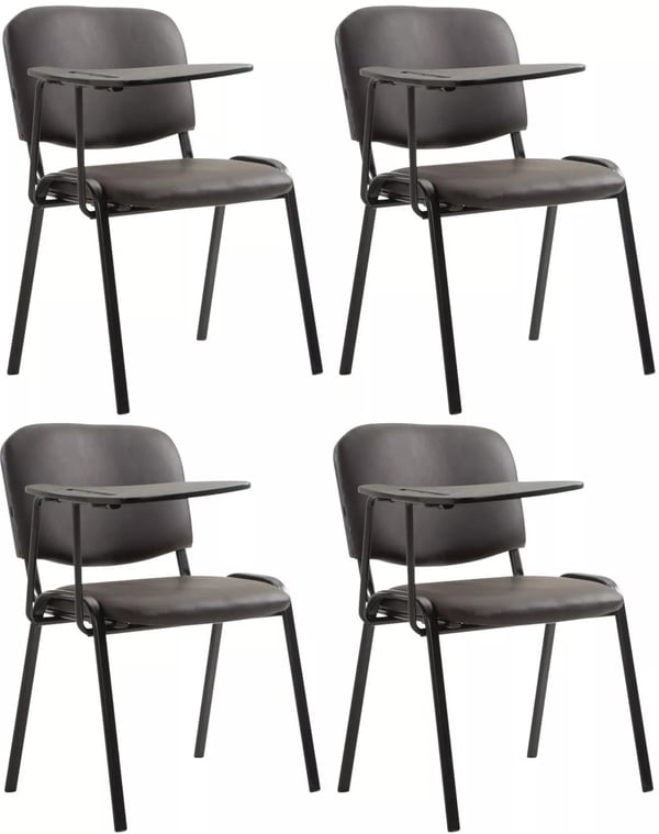 Set med 4 bruna konferensstolar i konstläder med fällbara brickor på mattsvarta metallramar