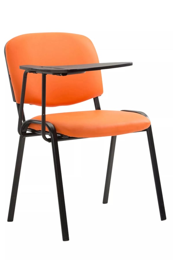 Sæt med 4 orange konferencestole i kunstlæder med klapborde og matsorte metalrammer