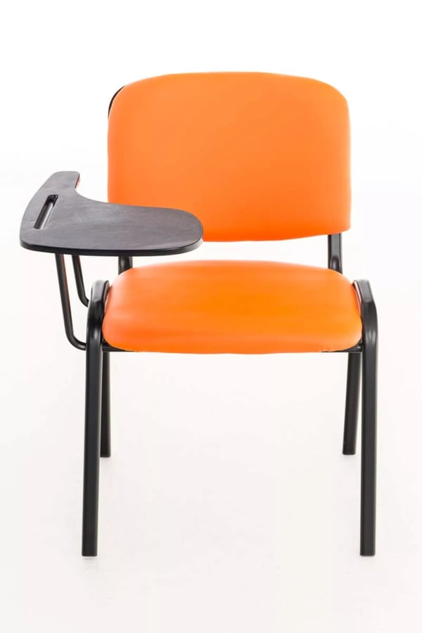 Sæt med 4 orange konferencestole i kunstlæder med klapborde og matsorte metalrammer