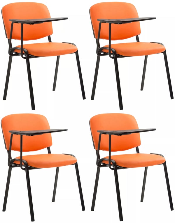 Sæt med 4 orange konferencestole i kunstlæder med klapborde og matsorte metalrammer