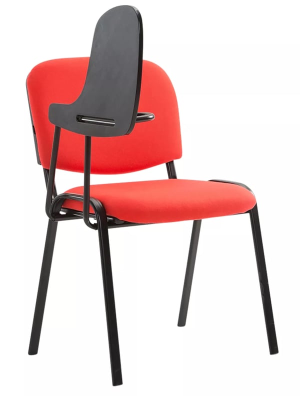 Sæt med 4 røde stofkonferencestole med klapbord og mat sort metalramme