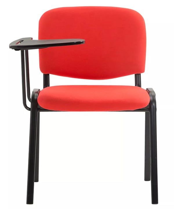 Sæt med 4 røde stofkonferencestole med klapbord og mat sort metalramme