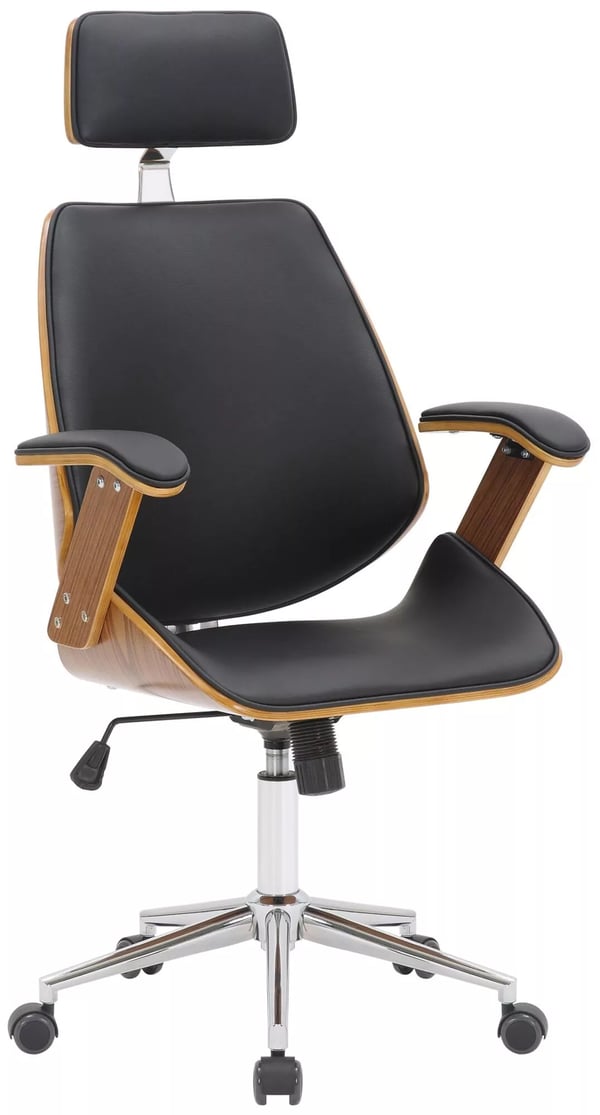 Modern kontorsstol i valnöt och svart konstläder med metallram i kromlook och trädetaljer