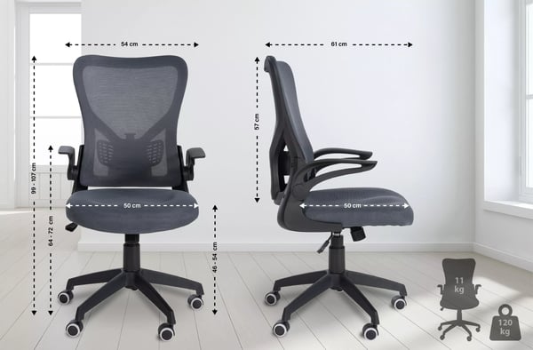 Hudson grå stof kontorstol med foldbare armlæn og netryg