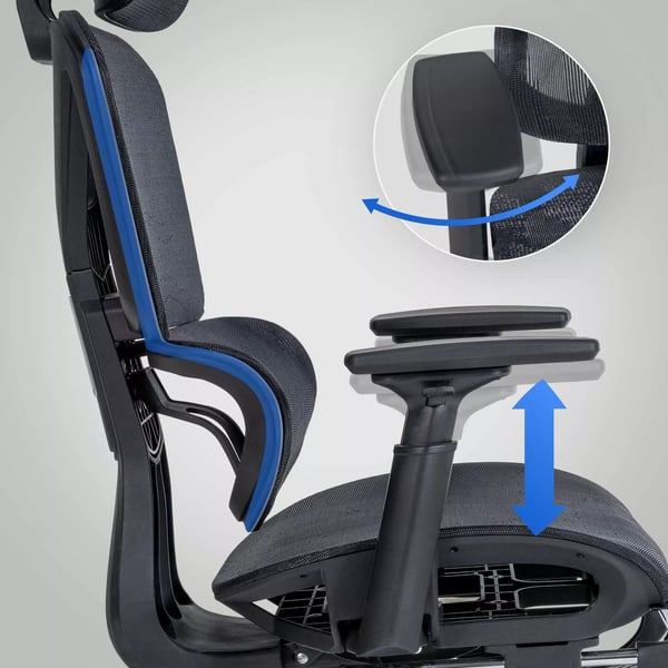 Ergonominen Työtuoli Grover, Musta Kankainen, Säädettävä, Jalkatuki, Selkänojatuki