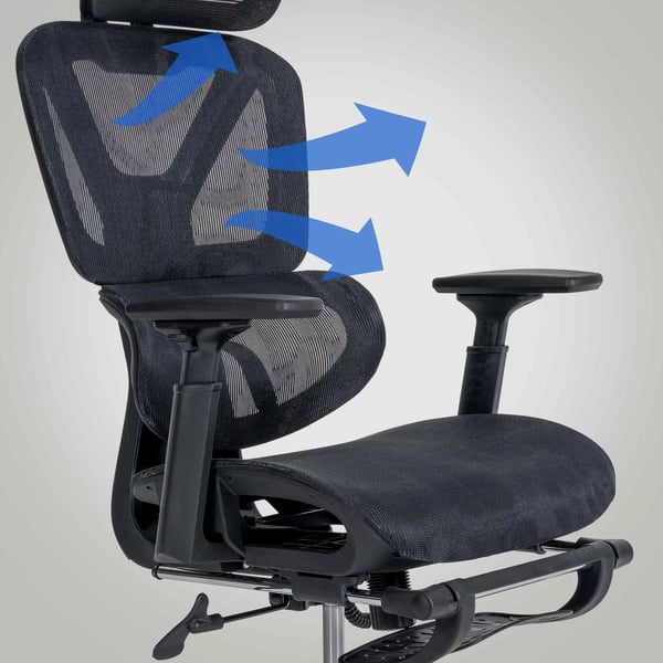 Ergonominen Työtuoli Grover, Musta Kankainen, Säädettävä, Jalkatuki, Selkänojatuki