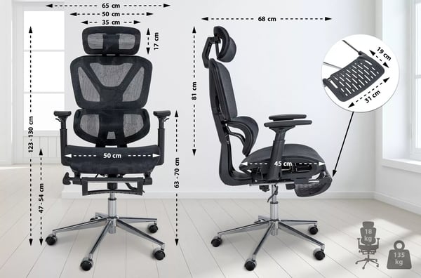 Ergonominen Työtuoli Grover, Musta Kankainen, Säädettävä, Jalkatuki, Selkänojatuki