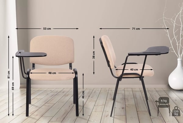 Ken Konferencestol med Klapbord - Cremefarvet Stof, Mat Sort Metalramme