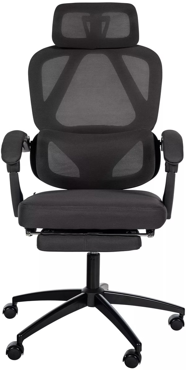 Gander Ergonomisk Kontorstol med Justerbar Nakkestøtte, Fodstøtte, Lændestøtte og Åndbar Meshryg - Sort Stof