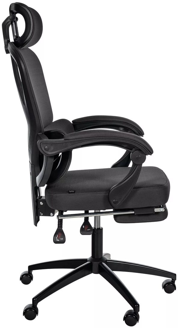 Gander Ergonomisk Kontorstol med Justerbar Nakkestøtte, Fodstøtte, Lændestøtte og Åndbar Meshryg - Sort Stof