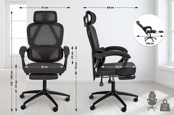 Gander Ergonomisk Kontorstol med Justerbar Nakkestøtte, Fodstøtte, Lændestøtte og Åndbar Meshryg - Sort Stof