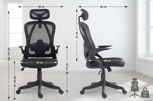 Taos Ergonomisk Kontorstol, Sort Stof Mesh Ryglæn, Justerbar Lændestøtte & Nakkestøtte, Plastik Base